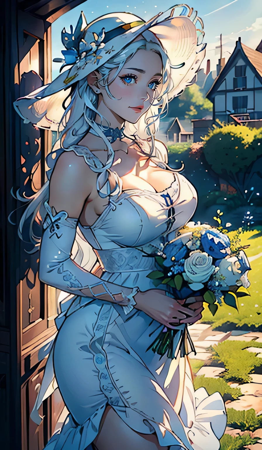 (masterpiece, ultra-detailed, best quality, hires, absurdres, very detailed illustrations, intricate details, extremely detailed 8k cg, beautiful lighting, HDR, colorful, beautiful lighting, thick outlines, correct proportions:1.3), (realistic:0.3), 1girl, (mature woman, beautiful woman), (white hair, long hair, sidelocks:1.2), floating hair, ((perfect face)), (eyeslashes, blue eyes:1.1), ((beautiful detailed eyes)), (white sun hat, blue flowers), blue ribbon, white sundress, medium breasts, (gentle smile), (holding bouquet:1.2), (beautiful scenery, outdoors, sunbeam, garden flowers:1.1),