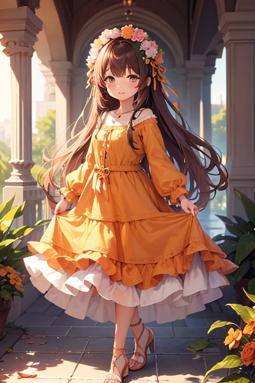 full body shot, Highest quality, 8k, High resolution, 1 girl, High-quality texture, Intricate details, CG, High Quality Shadows, beautiful and delicate face, Beautiful details and a delicate eye, Written boundary depth, Ray Tracing, 13 years old, pretty girl, glossy lips, Looking at the audience, (jewelry/accessories), (Eye color is brown), (Pink flower hair ornament), (Brown Hair, Long Hair), (Layered Hairstyles), (Orange Dress), White flowers blooming on the wall, smile, Be sure to add details to your clothes, full body shot, marble, Dancing