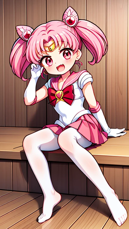 Sailor Moon,young年,Seven years old,cute,(Little Loli),Pink hair twintails,short hair,Sailor Suit,Red bow,White elbow gloves,Red Skirt,No shoes,Open your mouth,laughing out loud,Fangs,(White pantyhose),soles of feet,Soles,(young),(little man),sit