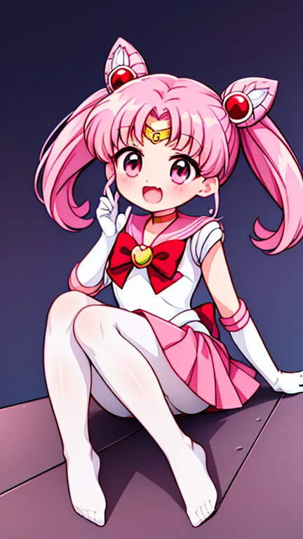 Sailor Moon,young年,Seven years old,cute,(Little Loli),Pink hair twintails,short hair,Sailor Suit,Red bow,White elbow gloves,Red Skirt,No shoes,Open your mouth,laughing out loud,Fangs,(White pantyhose),soles of feet,Soles,(young),(little man),sit