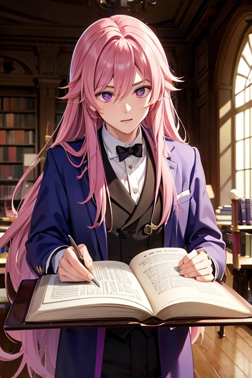 A handsome pink haired man with violet eyes with long hair in a magical student is picking out a spell book at the library