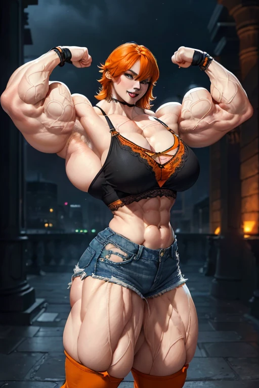 (((((Massive tall, beautiful, buff, pale white skinned muscular woman with orange hair, black lipstick, ginormous bulky muscles, flexing biceps and wearing a orange lace bra with tight denim shorts))))), close view, massive muscle, massive biceps, hyper muscle shoulders, (massive muscle arms), vascular shoulders, hyper muscle triceps, (shaggy long hair), green eyes, choker, (long fingerless gloves), black boots, (in a rainbow city), confidant smile, night, hyper vascular arm, hyper muscles arms, hyper muscle legs, (massive arms).