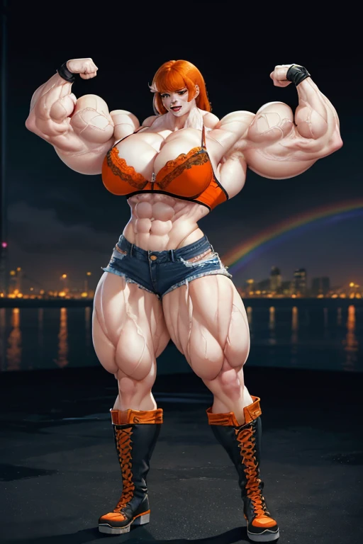 (((((Massive tall, beautiful, buff, pale white skinned muscular woman with orange hair, black lipstick, ginormous bulky muscles, flexing biceps and wearing a orange lace bra with tight denim shorts))))), close view, massive muscle, massive biceps, hyper muscle shoulders, (massive muscle arms), vascular shoulders, hyper muscle triceps, (shaggy long hair), green eyes, choker, (long fingerless gloves), black boots, (in a rainbow city), confidant smile, night, hyper vascular arm, hyper muscles arms, hyper muscle legs, (massive arms).
