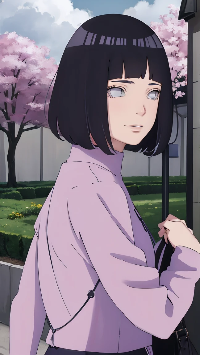 Meisterwerk, absurdres, Hinata\(Boruto\), 1girls, nur,reifes Weibchen, lila Kapuzenpullover,layered sleeves, braune Hose, al fresco,Lavendelblütenfeld, Blick auf den Betrachter, (falling petals), overcast sky, Perfekte Komposition, Detaillierte Lippen, large chest, Beautiful face, Body Propotion, flush, (rosa Lippen), Lange Haare, lila Augen, Sanfter Blick, sad smile, Super realistisch, Detailliert, Fotoshooting, Realistic face and body, Realistisches Haar, Realistische Augen, realistische Nase, Realistische Lippen, backwards, looking back