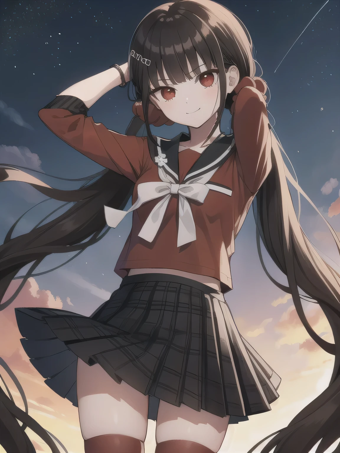 makiharukawa, harukawa maki, long hair, bangs, brown hair, black hair, hair ornament, (red eyes:1.5), twintails, very long hair, hairclip, blunt bangs, mole under eye, low twintails, scrunchie, hair scrunchie, red scrunchie, (small breast:1.2), BREAK skirt, shirt, thighhighs, long sleeves, bow, , pleated skirt, serafuku, miniskirt, black skirt, sailor collar, mole, bracelet, zettai ryouiki, plaid, plaid skirt, red shirt, black sailor collar, red thighhighs, solo, (cowboy shot:1.5), night sky, forest, arms behind head, contrapposto, shy smile, spread armpits, shy smile, (masterpiece:1.2), best quality, high resolution, 