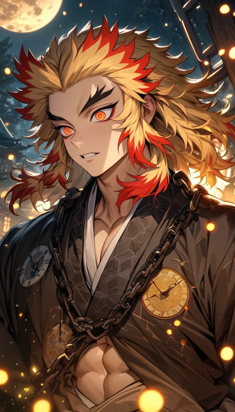 absurdres, highres, ultra detailed, HDR, master piece, best quality, extremely detailed face and eyes, Rengoku Kyojuro, blond hair, expressive orange eyes, Kimetsu No Yaiba, solo, sexy man, handsome, clock mechanical moon, fantasy, chains, fireflies