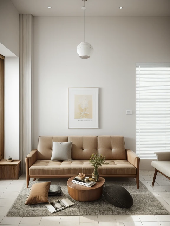 Real photo, modern Mid-century livingroom, volumetric lighting, shadows, high-end photography, fidelity, bright details, sharp, unique, winning photography award, Canon EOS 5D Mark IV DSLR camera, f/ 6 , ISO 100, 1/250 sec, uhd, 8k, natural soft light Of course, best quality, Super high resolution, floor made from Honed Brick Bond Tiles Cappucino Marble Texture:1.2