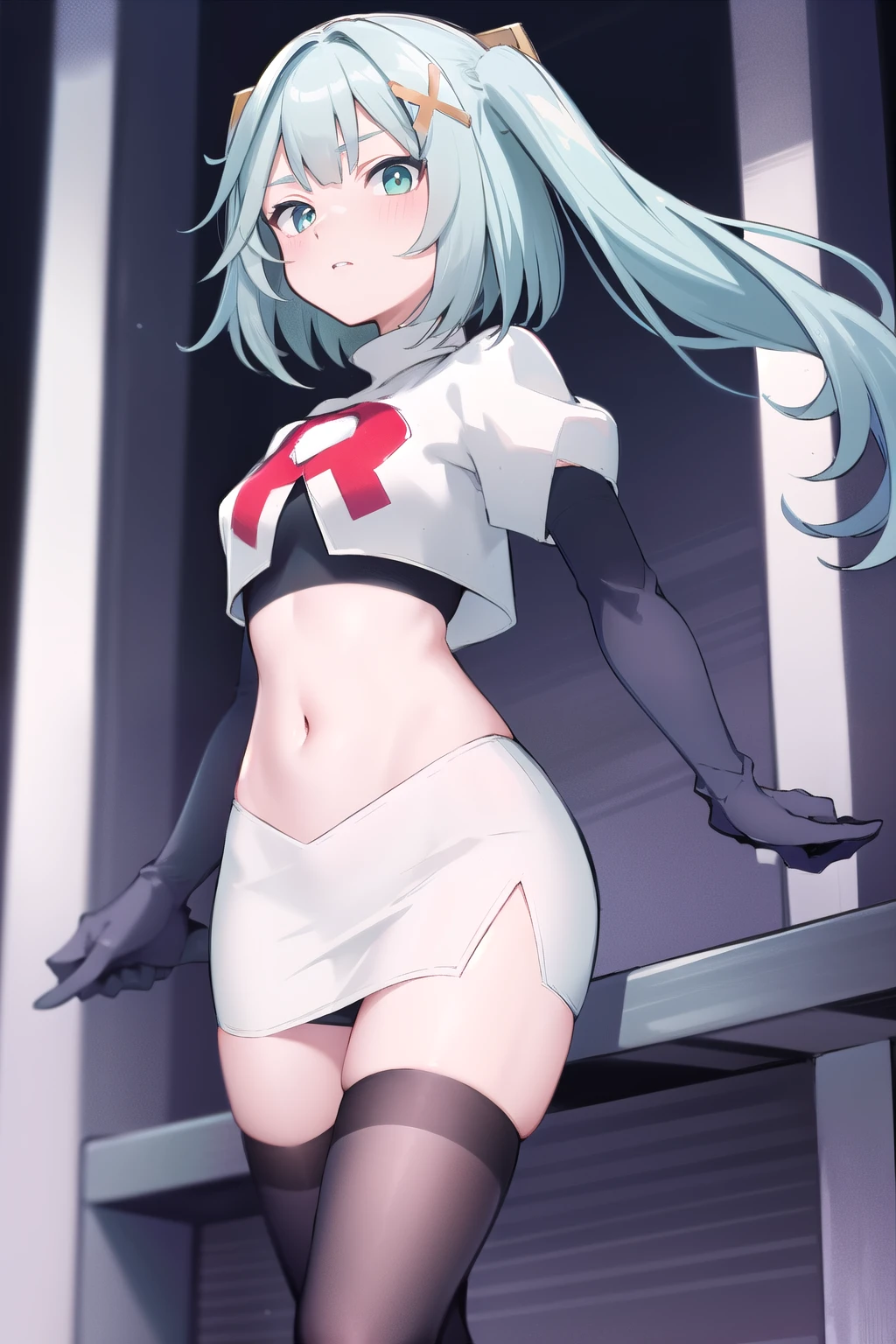 faruzandef, blush, short hair, team rocket,team rocket uniform,white skirt,red letter R,crop top,black thigh-highs,black elbow gloves