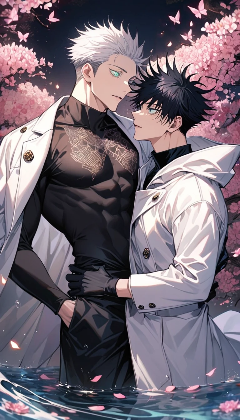 Ultra detailed, Highres, absurdres, Fushiguro Megumi, black hair, green eyes, Gojou Satoru,white hair with bangs, blue eyes, white eyelashes, white long coat with patterns, Jujutsu Kaisen, pink flowers, petals, extremely handsome, 2 sexy men together, gay couple, toned chest, solo, very detailed eyes and face, black gloves, water, black pants, pink butterflies, black tight t-shirt, love,