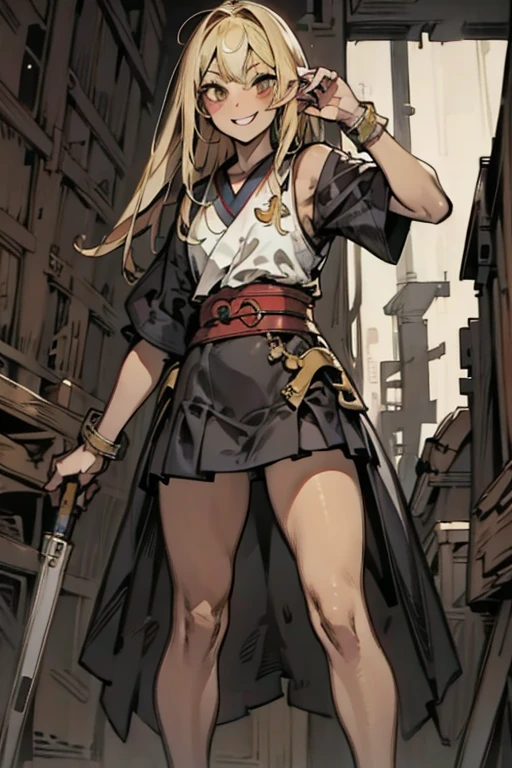 ((ganguro)), (masterpiece: 1.2, highest quality), (dark skin)、Angle from below、Looking at me with a happy smile、Blonde、High 、Ultra mini skirt、White panties、Hands are stretched out here