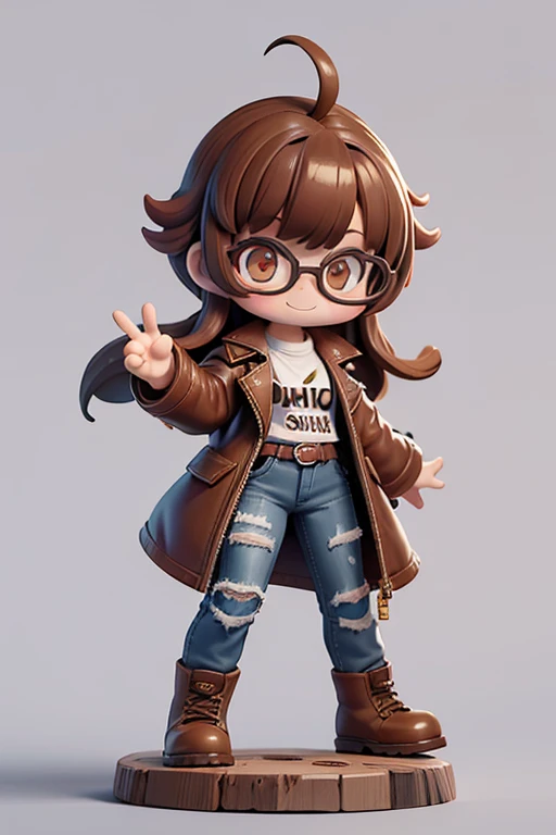 A girl with impressive medium-length shaggy brown hair、rebellious 80s punk hairstyle、long heavy leather coat, white shirt with unbuttoned top button, jeans、Sarcastic smile, Brown eyes, glasses with lenses、Chunky hiking boots、ahoge, dynamic pose, solo, many small details, intricate details, high quality textures