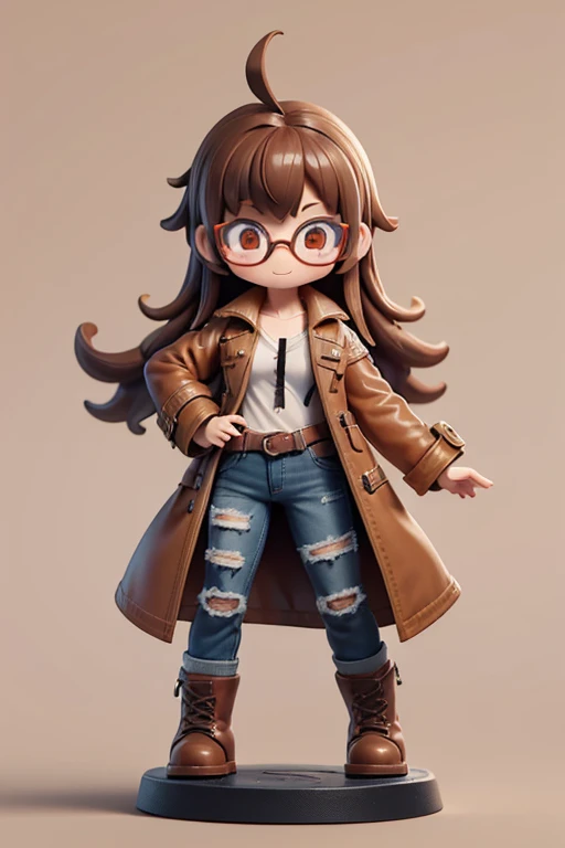 A girl with impressive medium-length shaggy brown hair、rebellious 80s punk hairstyle、long heavy leather coat, white shirt with unbuttoned top button, jeans、Sarcastic smile, Brown eyes, glasses with lenses、Chunky hiking boots、ahoge, dynamic pose, solo, many small details, intricate details, high quality textures