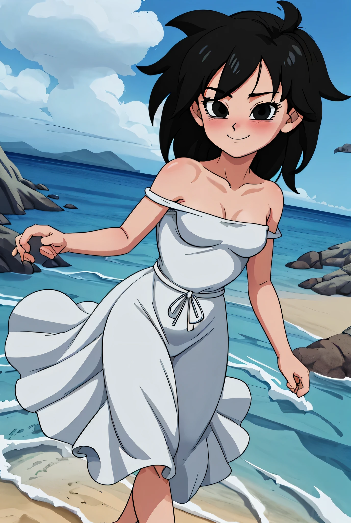 anime screencap, masterpiece, best quality, highres, outdoors, small breasts, gine, spiky black hair, 1 girl, Solo, Black Eyes, Good hands are down, Smile, Blushing, Bare Neck, Bare Shoulders, strapless, White Ruffle Off-the-Shoulder maxi dress. Cowboy shot. A landscape of the beach, sea, blue skies, sand beach. In the center. Walking on the beach with bare feets. Far from the bottom, looking at viewers