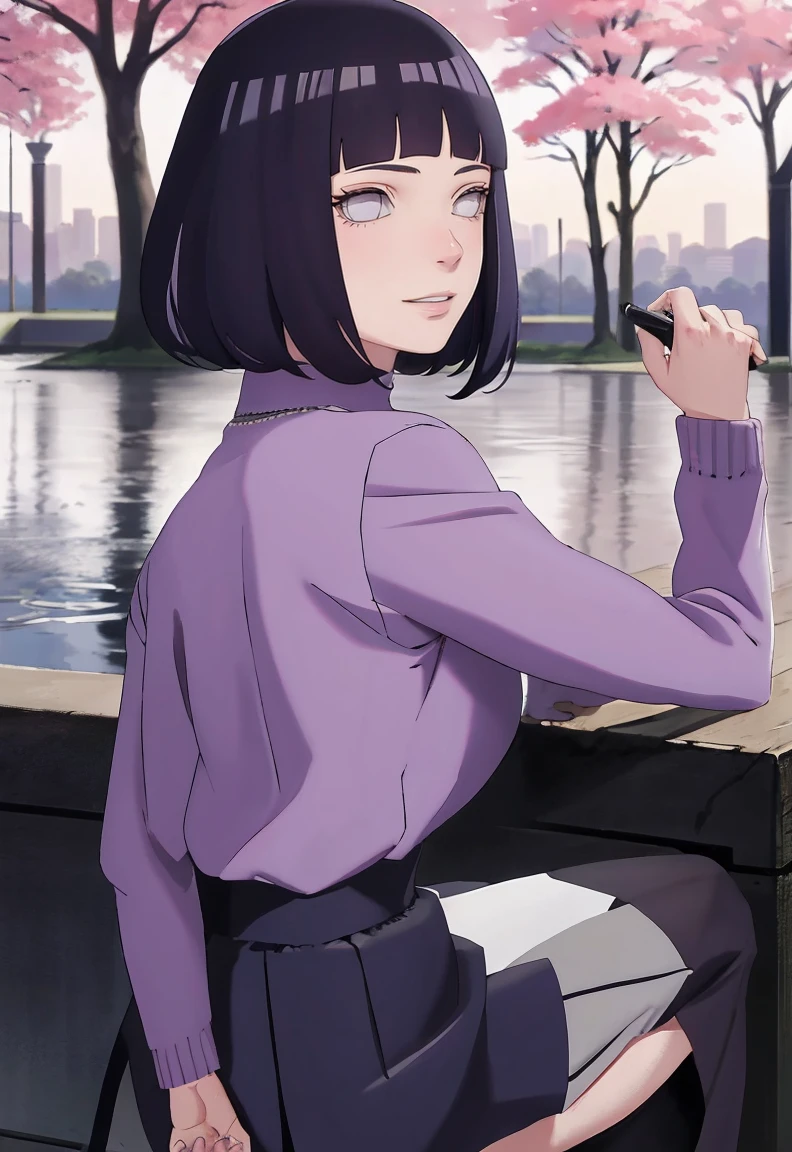 Meisterwerk, absurdres, Hinata\(Boruto\), 1girls, nur,reifes Weibchen, lila Kapuzenpullover,layered sleeves, braune Hose, al fresco,Lavendelblütenfeld, Blick auf den Betrachter, (falling petals), overcast sky, Perfekte Komposition, Detaillierte Lippen, large chest, Beautiful face, Body Propotion, flush, (rosa Lippen), Lange Haare, lila Augen, Sanfter Blick, sad smile, Super realistisch, Detailliert, Fotoshooting, Realistic face and body, Realistisches Haar, Realistische Augen, realistische Nase, Realistische Lippen, backwards, looking back