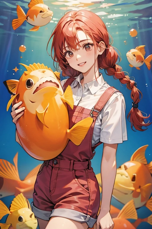 She is an orange fish with pink lips, and red hair with twin braids. She wears a pink collared shirt with a white undershirt, blue overalls with yellow buttons, and brown cowboy boots. SPARKLE; GLITTER