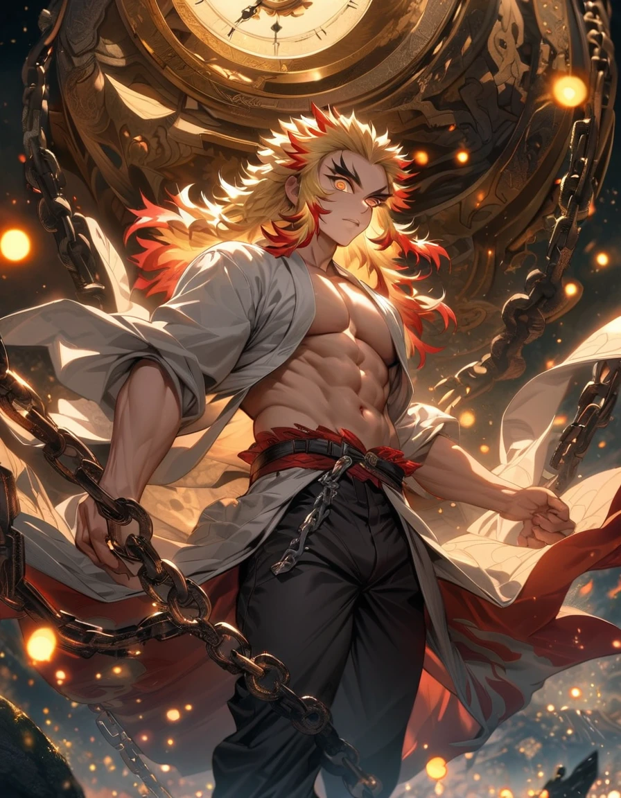 absurderes, high resolution, ultra detaild, HDR, Artwork, best quality, extremly detailed face and eyes, Rengoku Kyojuro, hair blonde, Expressive orange eyes, Kimetsu no Yaiba, standing alone, sexy man, beautifuls, mechanical moon watch, posh, chains, fire flies,calvo,erect penis,holding his katana sword,