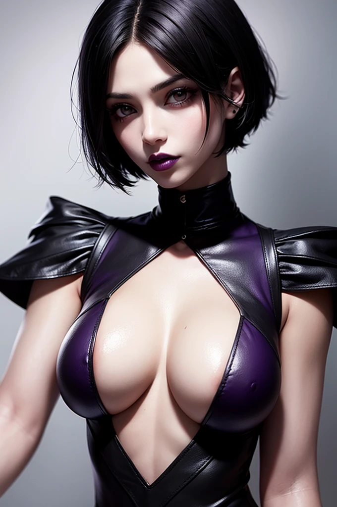 Black hair, goth girl, purple lipstick, large breasts, short hair, toned body, upper body, highlights in hair