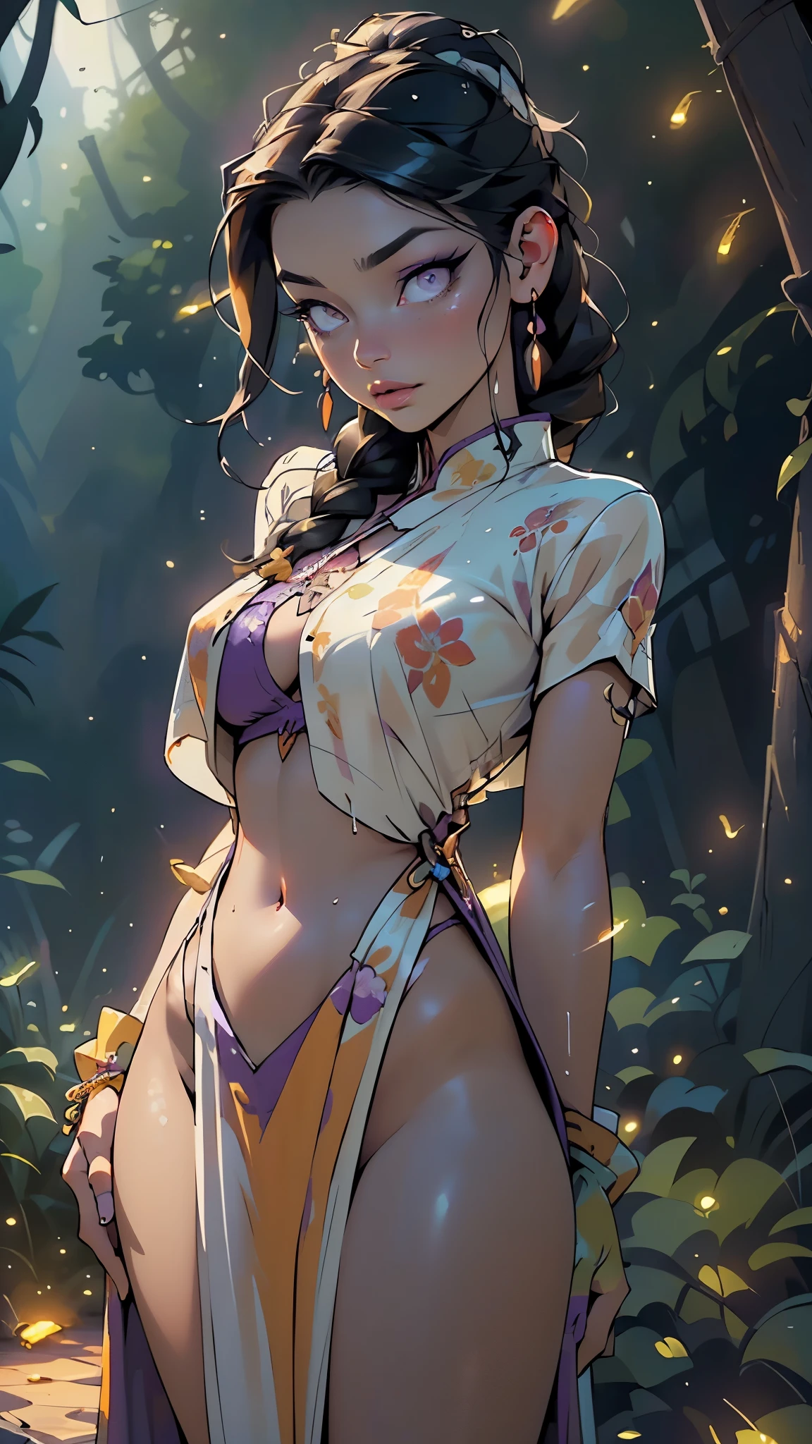 girl from ancient Egypt,1girl,
(large breasts:1.4),((((long twin braids,tight braids,long braid,braided hair,long hime cut,dark hair,black hair,colored inner hair)))),(((purple_eyes:1.3))),intricate eyes,beautiful detailed eyes,symmetrical eyes,((((lustrous skin:1.5,tanned skin,bright skin: 1.5,skin tanned,shiny skin,very shiny skin,shiny body,Reflective skin)))),(spider lower abdomen,narrow waist,wide hip,athletic body,inflated legs,thick thighs,delicate detailed fingers,(detailed face)),beautiful detailed lips,
cute,slutty,sensual,seductive look,seductive,((erotic)),opulent,sumptuous,((nsfw)),
(((eyeshadow,egyptian makeup,eyelid makeup))),zettai ryouiki,revealing clothing,show skin,(fractal clothes:1.2),colorful bikini,(zentangle neon clothes:1.2),(traditional dress:1.2,navel:1.5),(many colors clothes:1.4),Amalfi dancer in colorful bikini,oriental bikini,Wearing Dunhuang costumes,(((wet clothes,intricate outfit,embroidered outfit,ornate outfit,embroidered clothes,ornate clothes))),
(flirtatious pose:1.3), looking at viewer,embarrassed,(centered,scale to fit dimensions,Rule of thirds),
((((many fireflies,fireflies,glowing fireflies,fireflies in the background)))),
((forest rainy day, at night)),with dark stormy clouds,winter,scenery:1.25,intricate scenery,((forest rainy day background)),
(Glossy egyptian ornaments),highres,sharp focus,(ultra detailed,extremely detailed),(photorealistic artwork:1.37),(extremely detailed CG unity 8k wallpaper),(((vibrant colors,vibrant theme))),(intricate),(masterpiece),(best quality),artistic photography,(photography taken by sldr),(intricate background),perfect rendered face,perfect face details,realistic face,photo realistic,((intricate detail)),(((realism))),