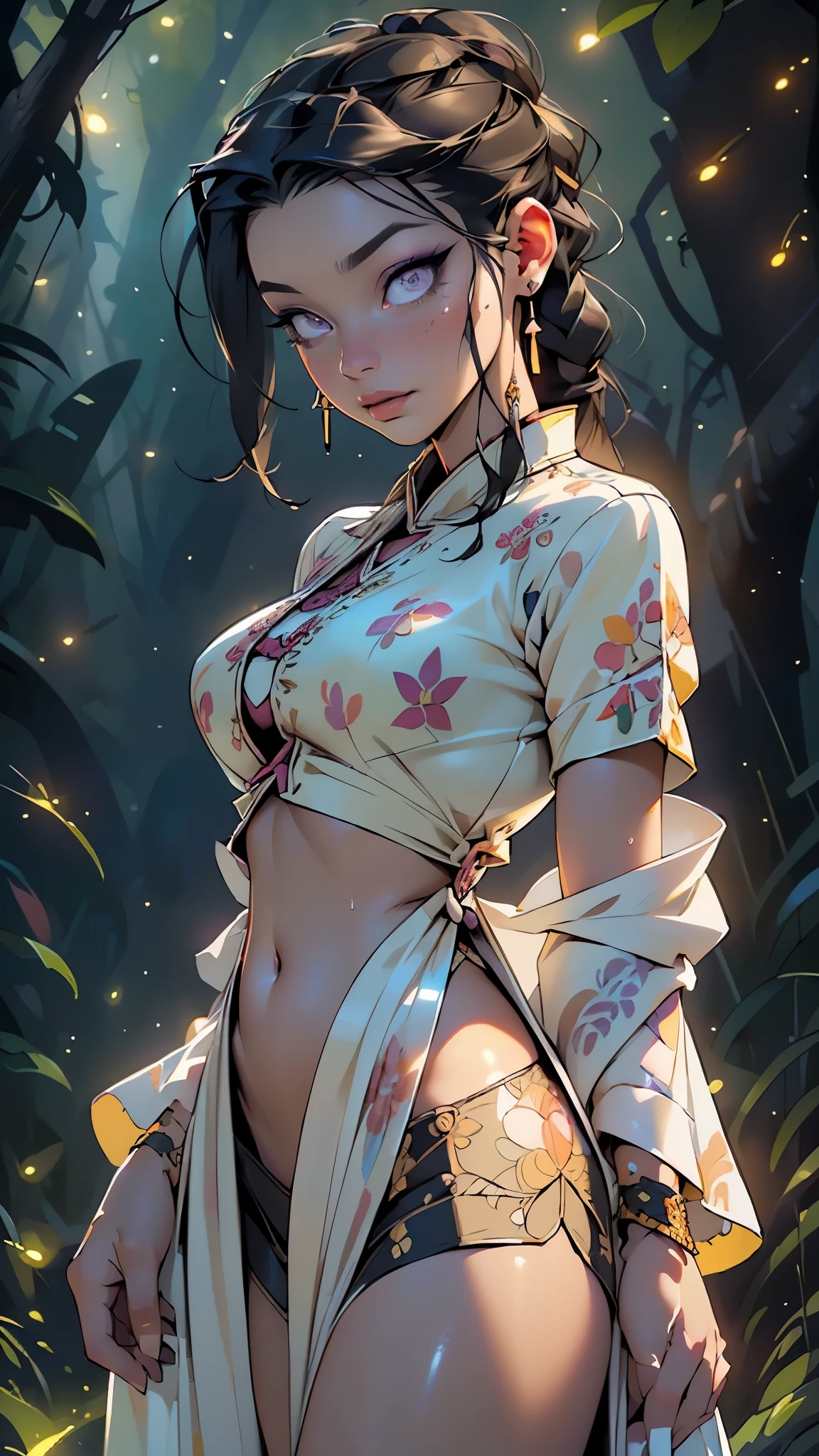 girl from ancient Egypt,1girl,

(large breasts:1.4),((((long twin braids,tight braids,long braid,braided hair,long hime cut,dark hair,black hair,colored inner hair)))),(((purple_eyes:1.3))),intricate eyes,beautiful detailed eyes,symmetrical eyes,((((lustrous skin:1.5,tanned skin,bright skin: 1.5,skin tanned,shiny skin,very shiny skin,shiny body,Reflective skin)))),(spider lower abdomen,narrow waist,wide hip,athletic body,inflated legs,thick thighs,delicate detailed fingers,(detailed face)),beautiful detailed lips,

cute,slutty,sensual,seductive look,seductive,((erotic)),opulent,sumptuous,((nsfw)),

(((eyeshadow,egyptian makeup,eyelid makeup))),zettai ryouiki,revealing clothing,show skin,(fractal clothes:1.2),colorful bikini,(zentangle neon clothes:1.2),(traditional dress:1.2,navel:1.5),(many colors clothes:1.4),Amalfi dancer in colorful bikini,oriental bikini,Wearing  Dunhuang costumes,(((wet clothes,intricate outfit,embroidered outfit,ornate outfit,embroidered clothes,ornate clothes))),

(flirtatious pose:1.3), looking at viewer,embarrassed,(centered,scale to fit dimensions,Rule of thirds),

((((many fireflies,fireflies,glowing fireflies,fireflies in the background)))),

((forest rainy day, at night)),with dark stormy clouds,winter,scenery:1.25,intricate scenery,((forest rainy day background)),

(Glossy egyptian ornaments),highres,sharp focus,(ultra detailed,extremely detailed),(photorealistic artwork:1.37),(extremely detailed CG unity 8k wallpaper),(((vibrant colors,vibrant theme))),(intricate),(masterpiece),(best quality),artistic photography,(photography taken by sldr),(intricate background),perfect rendered face,perfect face details,realistic face,photo realistic,((intricate detail)),(((realism))),
