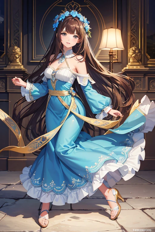 full body shot, Highest quality, 8k, High resolution, 1 girl, High-quality texture, Intricate details, CG, High Quality Shadows, beautiful and delicate face, Beautiful details and a delicate eye, Written boundary depth, Ray Tracing, , pretty girl, glossy lips, Looking at the audience, (jewelry/accessories), (Eye color is brown), (Blue flower hair ornament), (Brown Hair, Long Hair), (Layered Hairstyles), (Blue Dress), White flowers blooming on the wall, smile, Be sure to add details to your clothes, full body shot, marble, Dancing