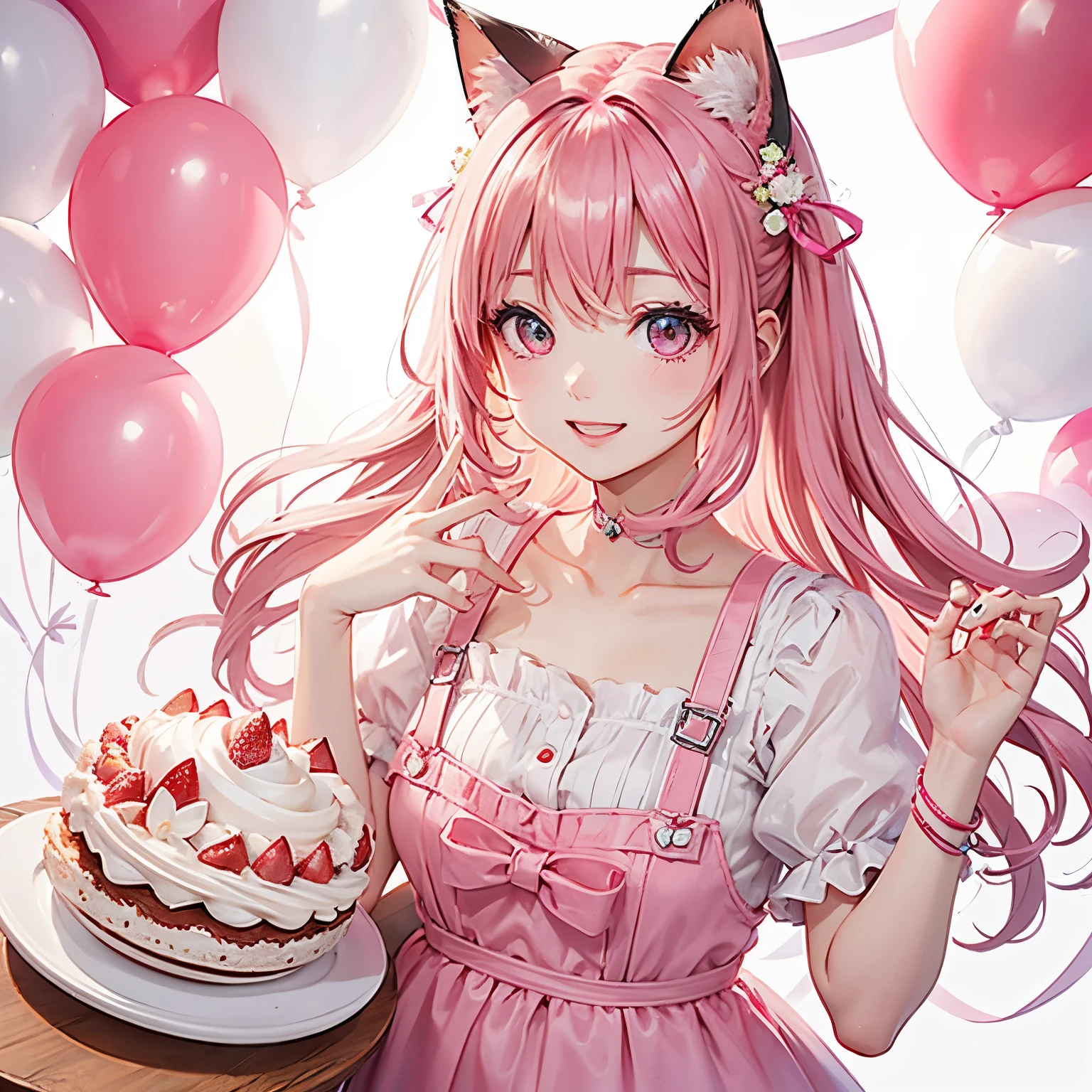 Cat with pink ribbon、Pink Hair、Pink eyes、White clothing、smile、happy、Celebration、birthday、Strawberry chocolate cake、Background balloons flying