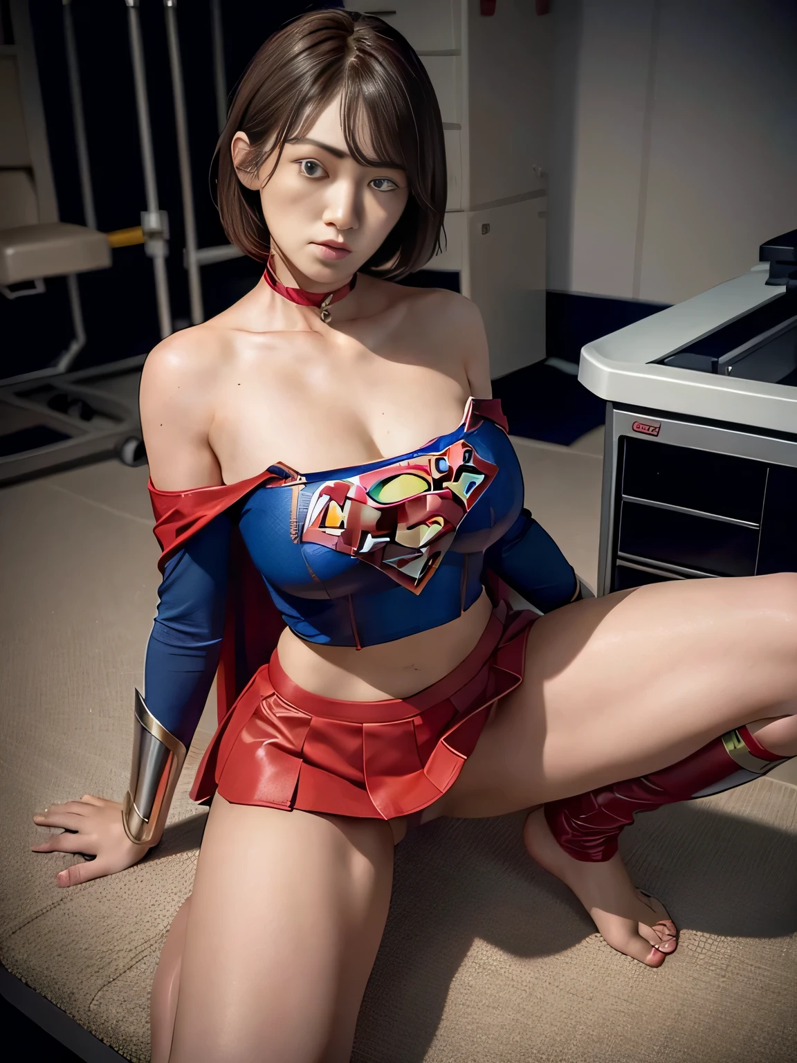 masterpiece、Supergirl Costume、short hair、barefoot、Big and ample breasts、operating room、operating table、Straddle、Crisis situation、Shiny、Looking at the camera、A provocative sexy pose、Estrus、choker、Weekly magazine cover、Long sleeve、Red mini skirt、Off the shoulder、Alluring、charm、Enchanting、Wild、