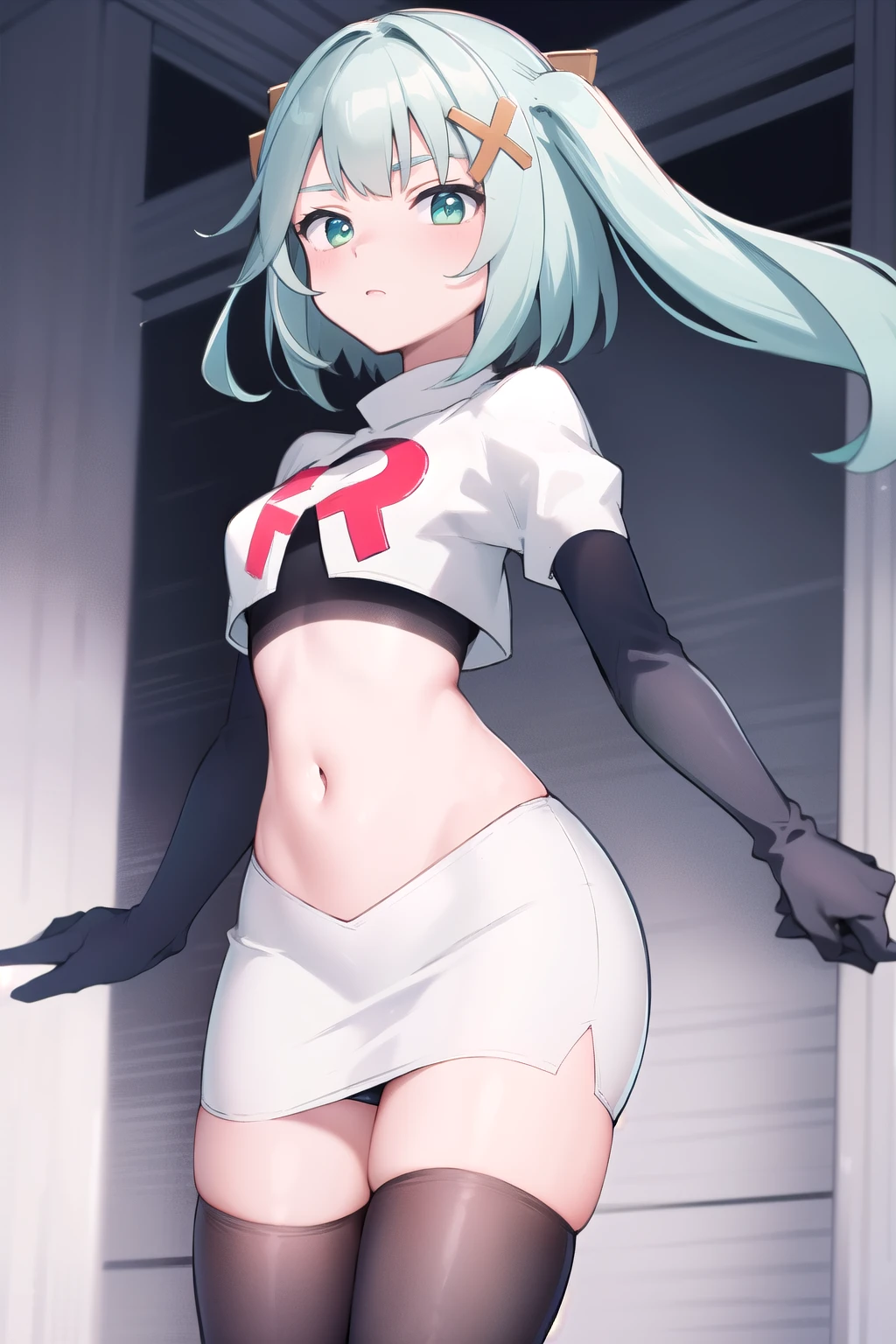 faruzandef, blush, short hair, team rocket,team rocket uniform,white skirt,red letter R,crop top,black thigh-highs,black elbow gloves