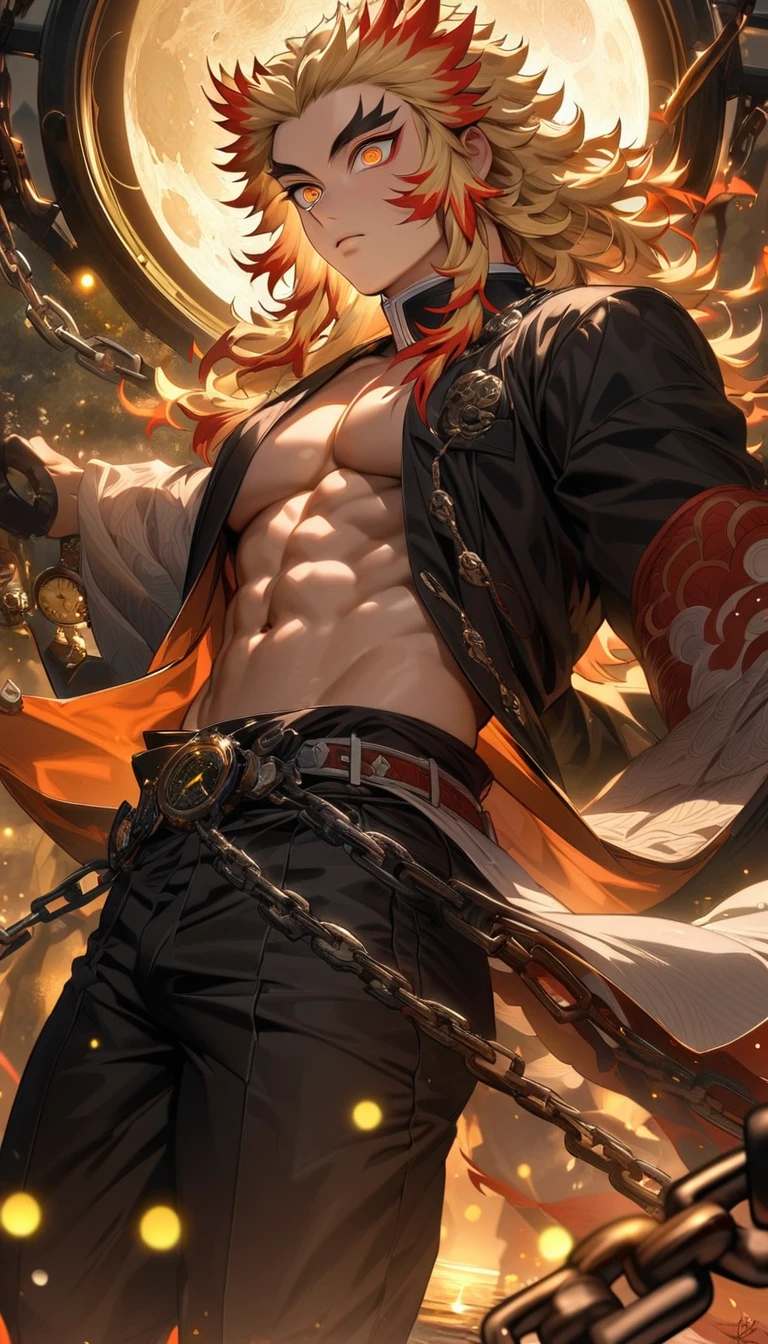 absurdres, highres, ultra detailed, HDR, master piece, best quality, extremely detailed face and eyes, Rengoku Kyojuro, blond hair, expressive orange eyes, Kimetsu No Yaiba, solo, sexy man, handsome, black pants, clock mechanical moon, fantasy, chains, fireflies