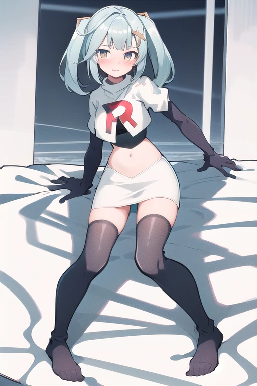 faruzandef, blush, short hair,twin ponytails, team rocket,team rocket uniform,white skirt,red letter R,crop top,black thigh-highs,black elbow gloves
