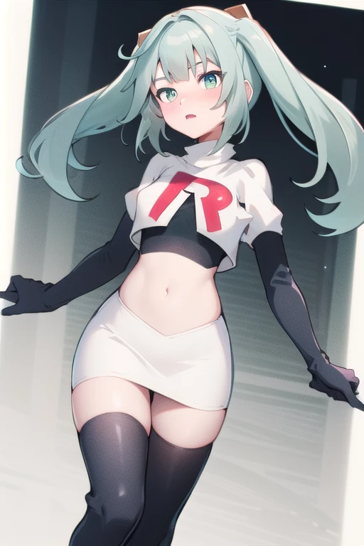 faruzandef, blush, short hair,twin ponytails, team rocket,team rocket uniform,white skirt,red letter R,crop top,black thigh-highs,black elbow gloves