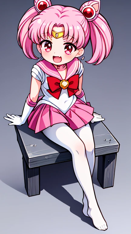 Sailor Moon，young年，Seven years old，cute，（Little Loli），Pink hair twintails，short hair，Sailor Suit，Red bow，White elbow gloves，Red Skirt，No shoes，Open your mouth，laughing out loud，Fangs，(White pantyhose),soles of feet，Soles，(young)，(little man)，sit