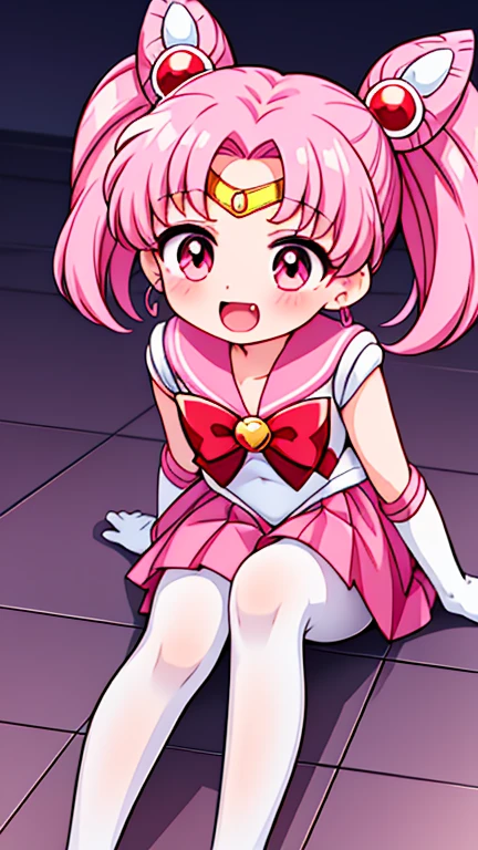 Sailor Moon，young年，Seven years old，cute，（Little Loli），Pink hair twintails，short hair，Sailor Suit，Red bow，White elbow gloves，Red Skirt，No shoes，Open your mouth，laughing out loud，Fangs，(White pantyhose),soles of feet，Soles，(young)，(little man)，sit