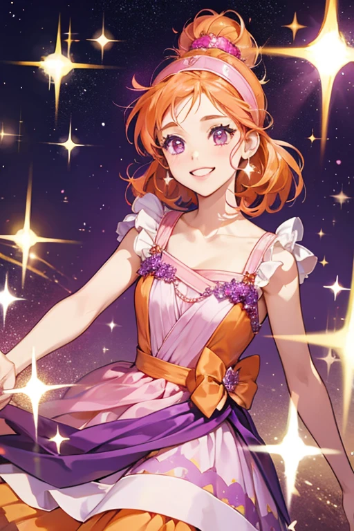 She is a pink with orange hair. She has braces and wears a purple dress and headband. SPARKLE; GLITTER