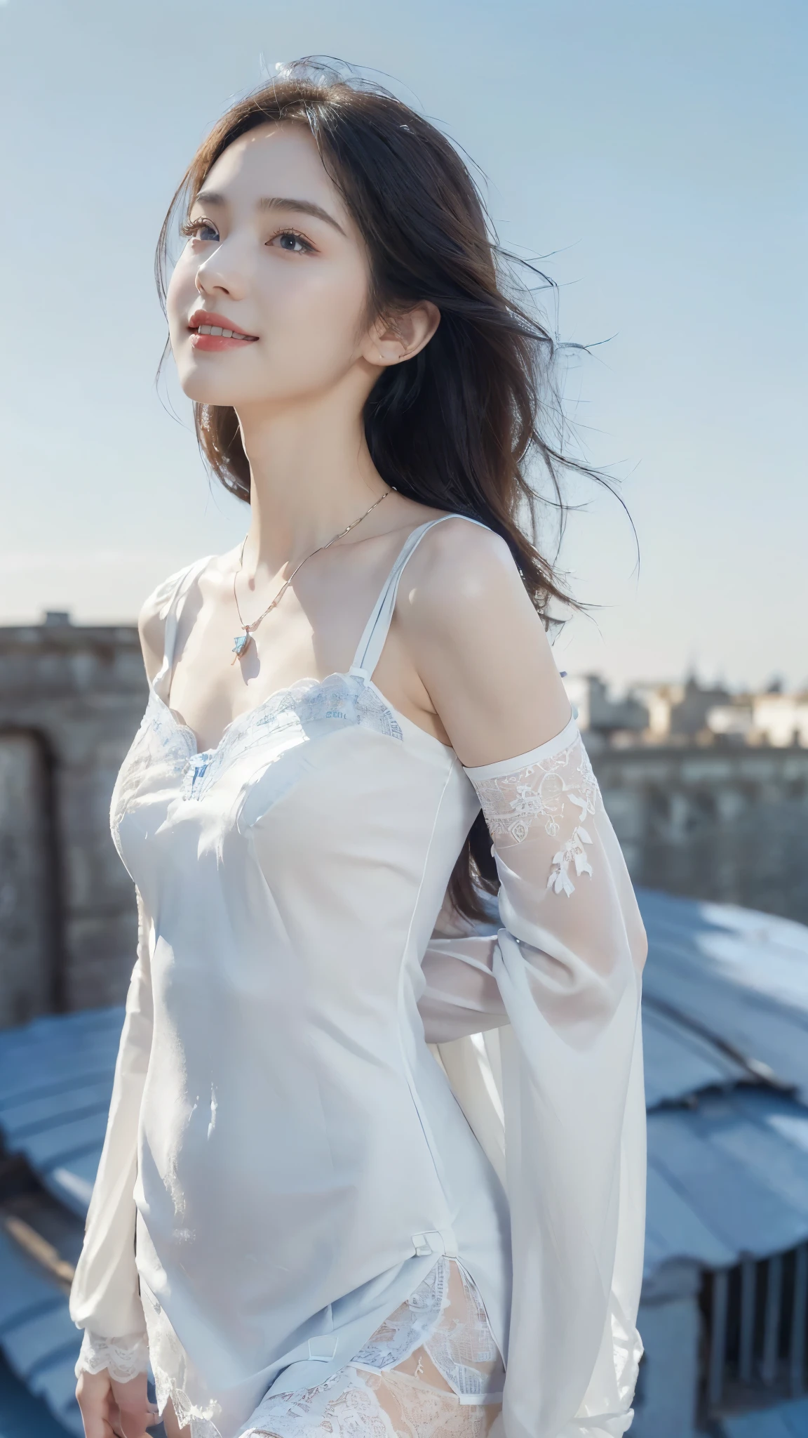 ((((8k))),((Extremely meticulous CG)) ,(wallpaper),16k,((Extremely refined and beautiful)),(((Masterpiece))),(((best qualtiy))),(((Ultra High Resolution))),beautiful light up,realistic shaded,((high resolution)),(Smooth and flawless skin:1.5),(Extremely exquisite facial details:1.2),(perfect body:1.2),(ultra-detailed),((A beautiful girl,solo)),(small head:1.2),(pale skin:1.3),(shoulder length straight bob hair:1),(small face:1.2),(Exquisite makeup:1.2),(necklace:1.2),((slim,thin)),(smile:1.2),(happy:1.2),(small breasts:1.2),(flat chests:1.2),(white lace dress:1.3),(sleeves:1.2),(stockings:1.3),(day scene:1.3),(azure sky background:1.5),(upper body:1.3),(standing on the rooftop:1.3),(arms behind back:1.2),(village scape:1.3),(from front:1.3),(spring:1.2)