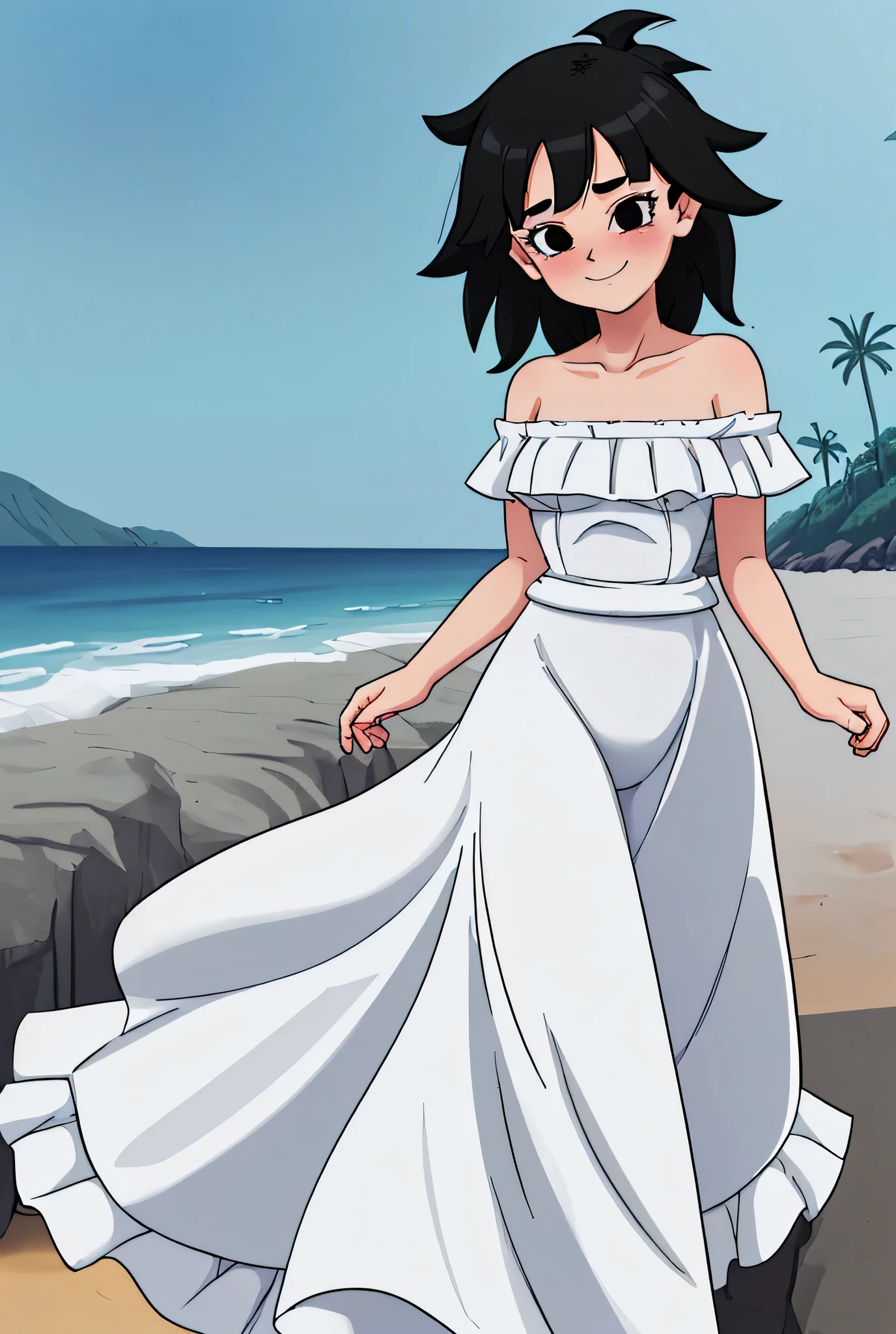 (white maxi dress:1.2), (White Ruffle Off-the-shoulder top:1.2), anime screencap, masterpiece, best quality, highres, outdoors, small breasts, gine, spiky black hair, 1 girl, Solo, Black Eyes, Good hands are down, Smile, Blushing, Bare Neck, Bare Shoulders, strapless, White Ruffle Off-the-Shoulder maxi dress. Cowboy shot. A landscape of the beach, sea, blue skies, sand beach. In the center. Walking on the beach with bare feets. Far from the bottom, looking at viewers