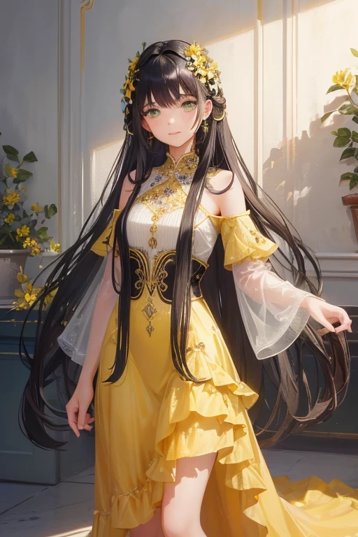 full body shot, Highest quality, 8k, High resolution, 1 girl, High-quality texture, Intricate details, CG, High Quality Shadows, beautiful and delicate face, Beautiful details and a delicate eye, Written boundary depth, Ray Tracing, 13 years old, pretty girl, glossy lips, Looking at the audience, (jewelry/accessories), (Eye color is brown), (Yellow flower hair ornament), (Black Hair, Long Hair), (Layered Hairstyles), (Green Dress), White flowers blooming on the wall, smile, Be sure to add details to your clothes, full body shot, marble, Dancing