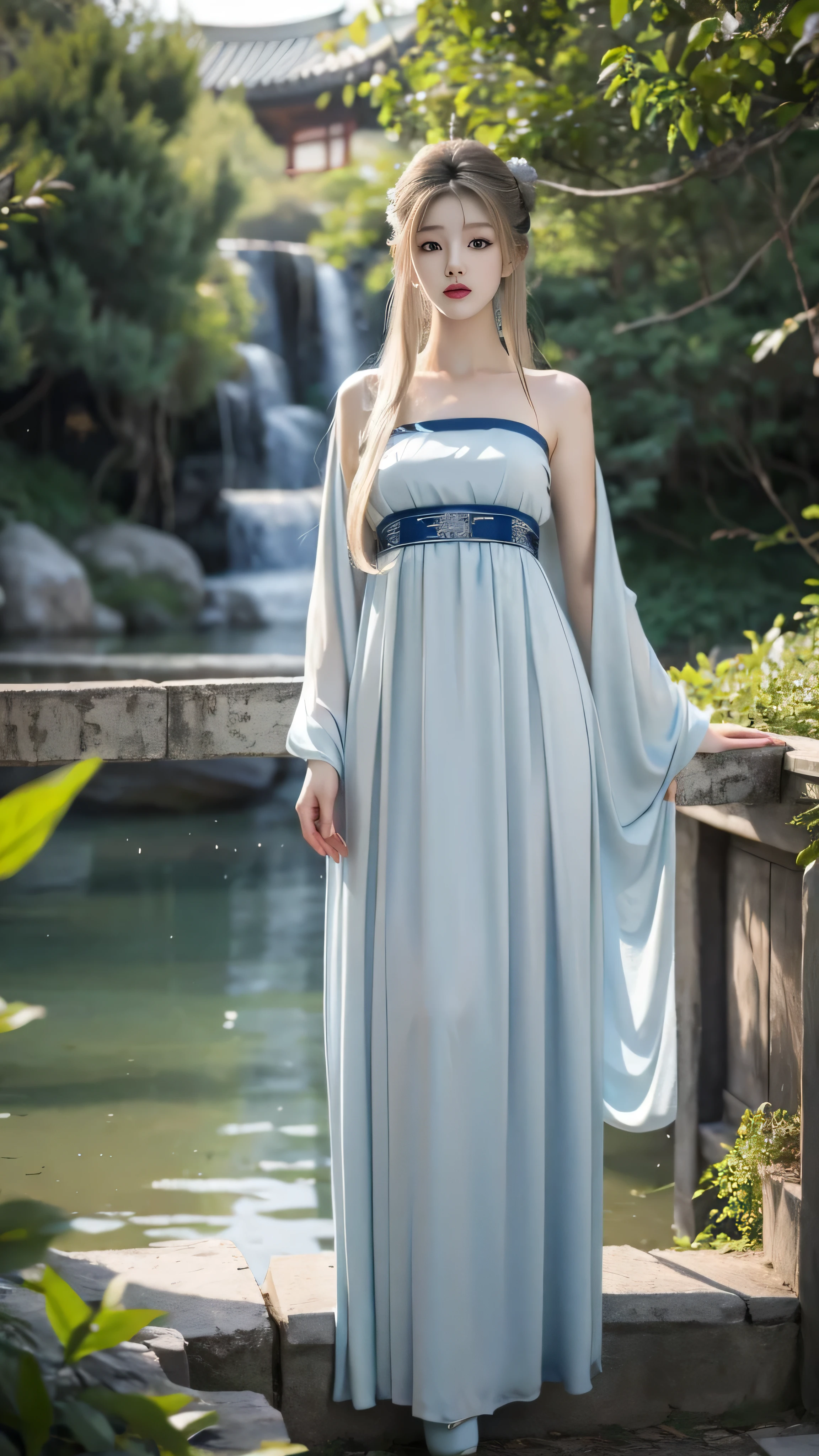 Masterpiece, Best Quality, Official Art, 8k Wallpaper, Very Detailed, Illustration, 1 Girl, Sky Blue Hair, Long Hair, Detailed Eyes, Forrest Gump, Bare Shoulders, Hanfu, Lake, Pure, Soft Smile, bamboo, tea