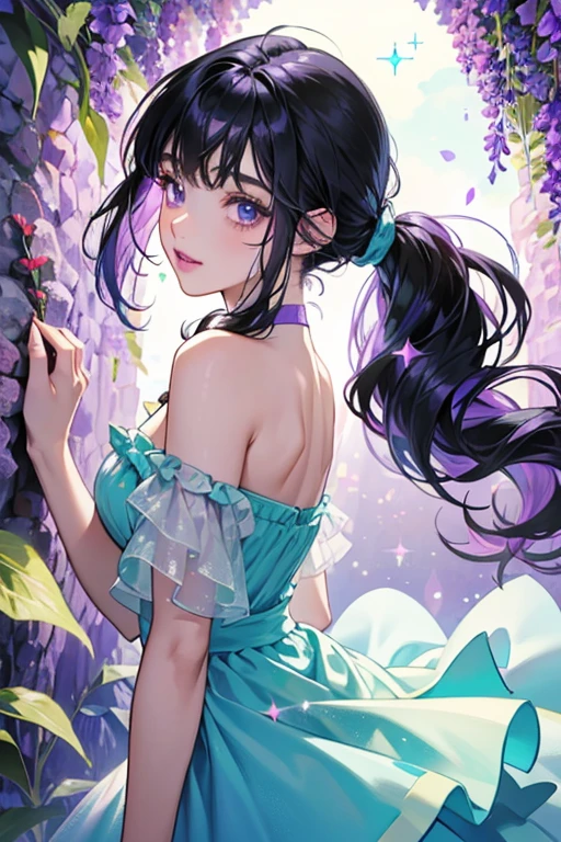 She is a lavender cave with purple lips, a bright cyan dorsal fin, and black hair tied into one pigtail. She wears a raggedy pale yellow dress. SPARKLE; GLITTER