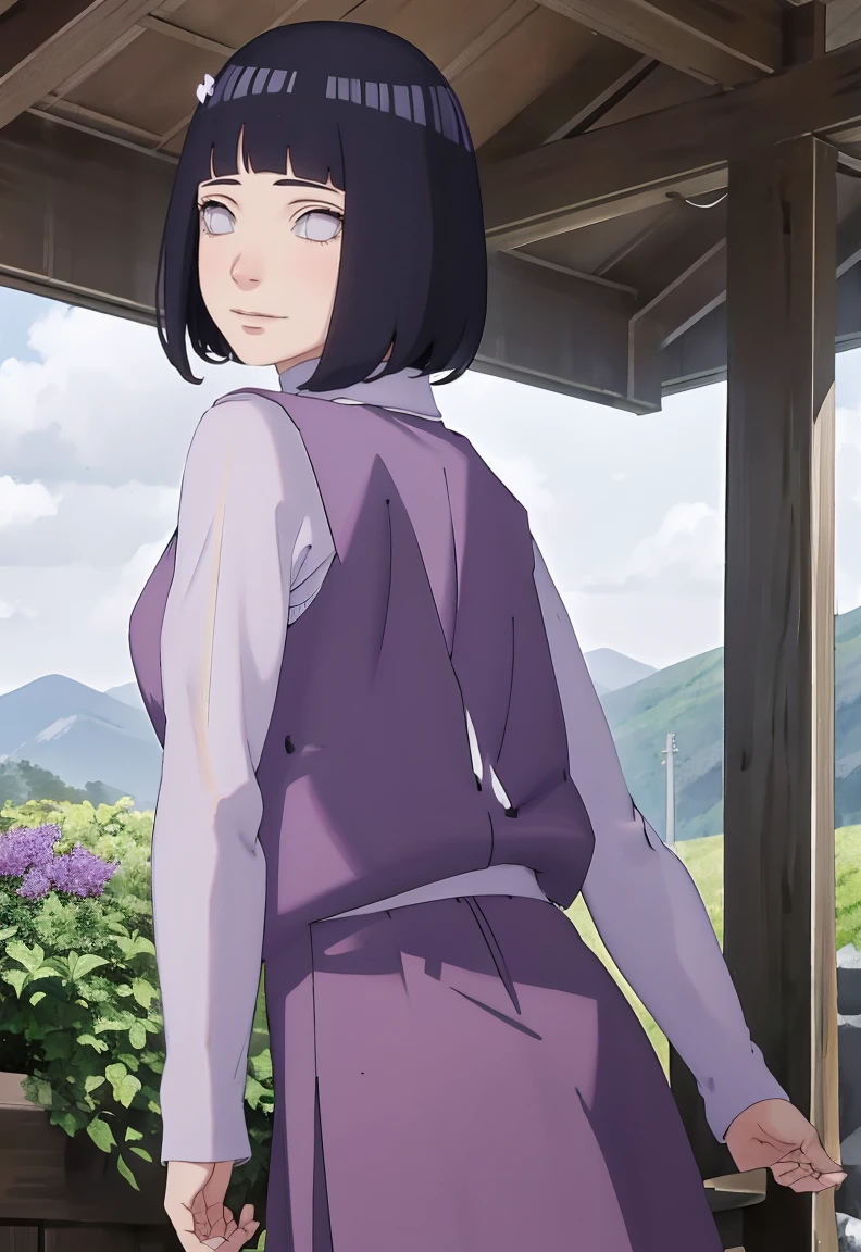 Meisterwerk, absurdres, Hinata\(Boruto\), 1girls, nur,reifes Weibchen, lila Kapuzenpullover,layered sleeves, braune Hose, al fresco,Lavendelblütenfeld, Blick auf den Betrachter, (falling petals), overcast sky, Perfekte Komposition, Detaillierte Lippen, large chest, Beautiful face, Body Propotion, flush, (rosa Lippen), Lange Haare, lila Augen, Sanfter Blick, sad smile, Super realistisch, Detailliert, Fotoshooting, Realistic face and body, Realistisches Haar, Realistische Augen, realistische Nase, Realistische Lippen, backwards, looking back