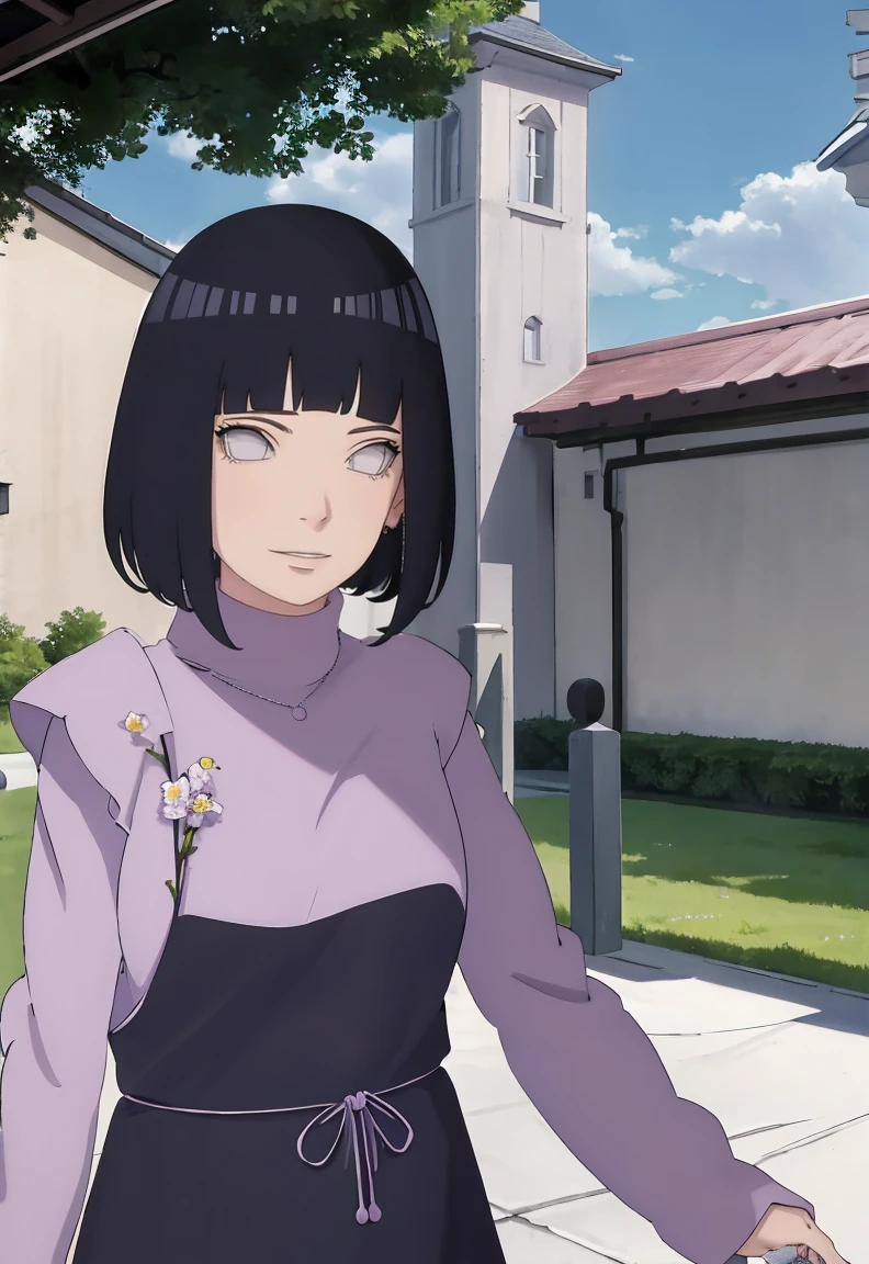 Meisterwerk, absurdres, Hinata\(Boruto\), 1girls, nur,reifes Weibchen, lila Kapuzenpullover,layered sleeves, braune Hose, al fresco,Lavendelblütenfeld, Blick auf den Betrachter, (falling petals), overcast sky, Perfekte Komposition, Detaillierte Lippen, large chest, Beautiful face, Body Propotion, flush, (rosa Lippen), Lange Haare, lila Augen, Sanfter Blick, sad smile, Super realistisch, Detailliert, Fotoshooting, Realistic face and body, Realistisches Haar, Realistische Augen, realistische Nase, Realistische Lippen, backwards, looking back