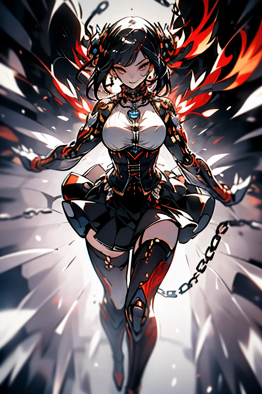 A woman wearing a corset, full skirt, long hair in a ponytail, red hair,high heels, phoenix tattoo on her back(art, best quality, ultra-detailed, high contrast), black transparent tights, detailed background ()) detailed face, hyper detailed eyes, detailed lips , with a metal necklace with chain around her neck, fullbody