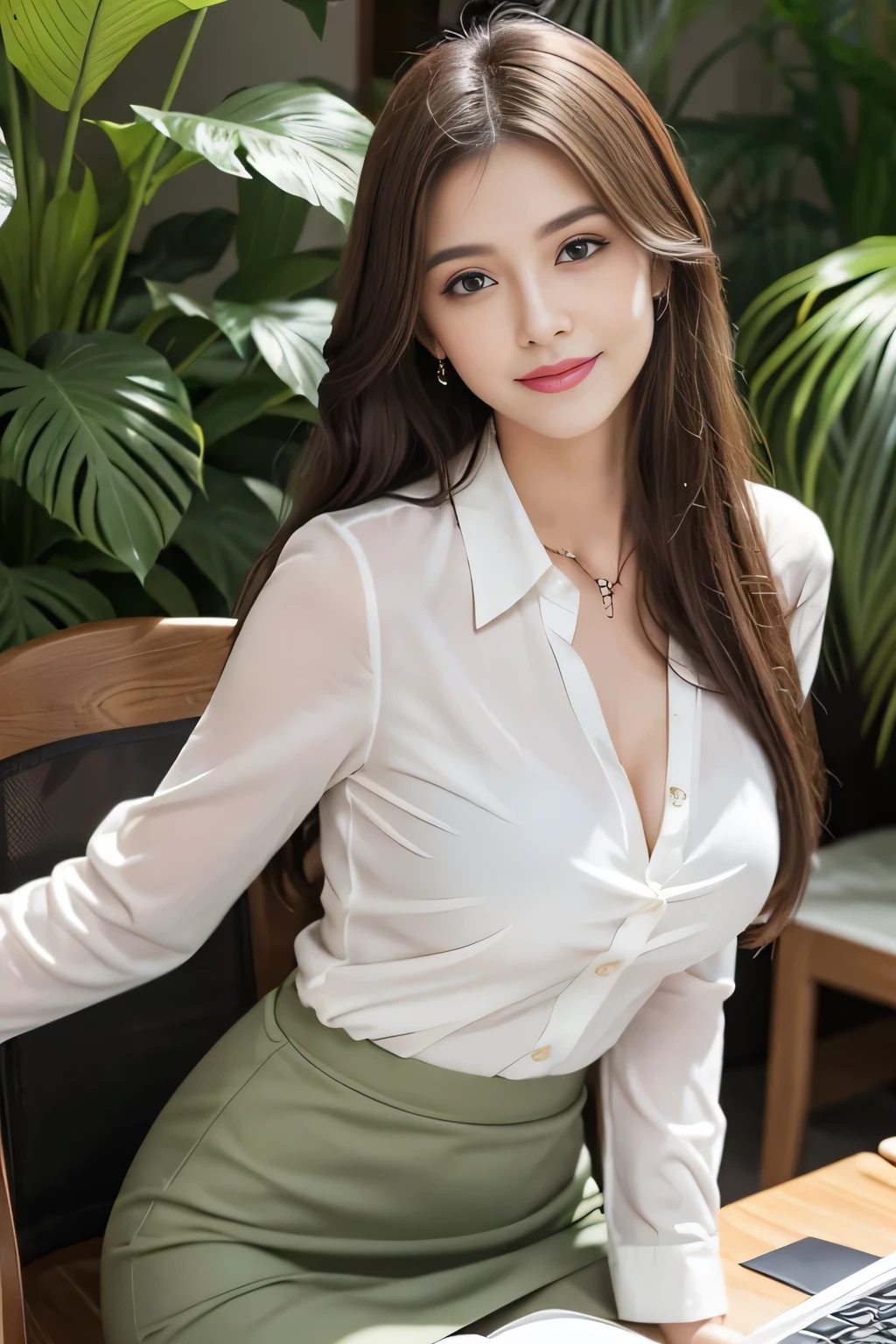 light brown, Shaggy, Medium Long Hair、Beautiful woman with white skin、gray-green eyes、Beautiful symmetrical face、Look closely at the camera、Listen carefully、Cute Smile、Long hair with movement、Hair between the eyes、 Beautiful 20 year old woman、Beautiful supermodel with a small face、Very tall supermodels、Long necked supermodel、Show off your beautiful décolletage、tilt your head slightly to the right、tilt the body slightly to the left、Very beautiful smile、Rainbow colored highly artistic fine technique brush paint background、Beautiful woman full of adult charm、((The whole body is visible))、I&#39;I at work、OL、Office Casual Suit Setup、Foliage plant、computer、Gray desk、Shiny short pencil skirt、Buttoned shirt in white collar、Close button、Accessories included、Adult female、((Shrapnel、Side Shot))、Laughter、