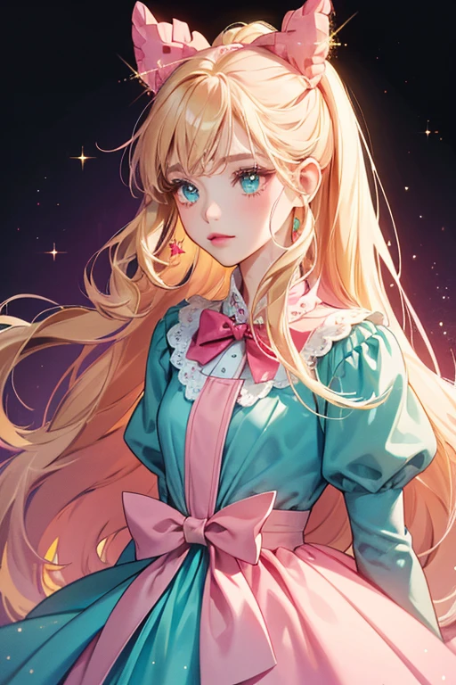 She is a thin pink cave with dark pink lips and long blonde hair. She wears a teal dress with a white collar and spots and has a red bow in her hair. SPARKLE; GLITTER