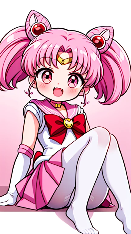 Sailor Moon,young年,Seven years old,cute,(Little Loli),Pink hair twintails,short hair,Sailor Suit,Red bow,White elbow gloves,Red Skirt,No shoes,Open your mouth,laughing out loud,Fangs,(White pantyhose),soles of feet,Soles,(young),(little man),sit