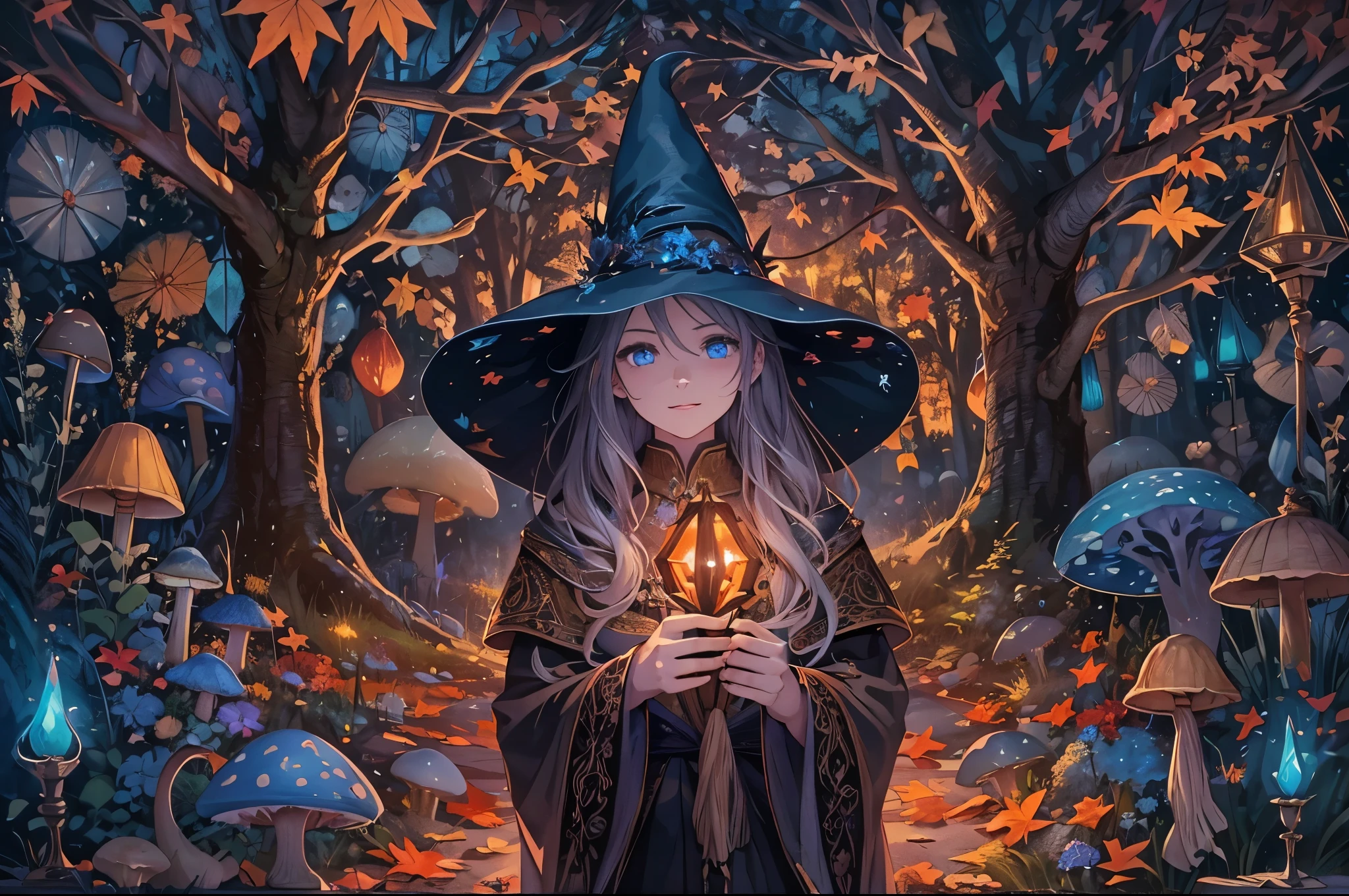 A girl with a witch hat standing in a magical forest, surrounded by colorful autumn leaves and glowing mushrooms. She has piercing blue eyes and a mischievous smile. The girl is wearing a dark cloak with silver stars embroidered on it, and she holds a wooden staff with a glowing crystal at the top. The scene is captured in a realistic and vivid oil painting style, with vibrant colors and rich texture. The overall tone of the image is dark and mysterious, with warm and earthy hues dominating the color palette. The lighting is soft and diffused, casting subtle shadows on the ground and emphasizing the magical atmosphere. The quality of the image is of the highest standard, with ultra-detailed elements and a resolution of 8k. It aims to create a masterpiece that brings the enchanting world of witches to life.