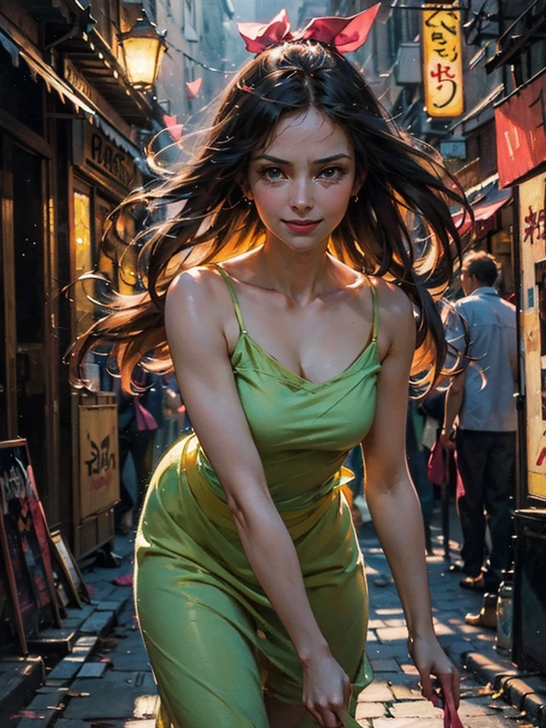(8k, best quality, masterpiece:1.2),(best quality:1.0), (ultra highres:1.0), watercolor, a beautiful woman, shoulder, dark green eyes, tears on her cheeks, sexy smile, long dark hair, pink camisole, hair ribbons, by smeglejj, inspired by drew struzan, 1980’s action movie poster, long legs, action spinning twirl, half body portrait, extremely luminous bright design, flying light particles, crimson red pastel colors, (ink:1.3), dark neon alley lights, inspired by ghibli anime