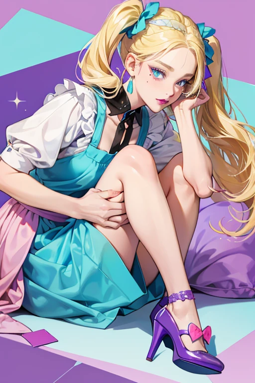 Inga is blue in color and has teal eyes. She has blonde hair tied in pigtails and wears a pink dress, a white apron, and high heel shoes. She also has lipstick and a mole on her right cheek, with purple eyelids. SPARKLE; GLITTER