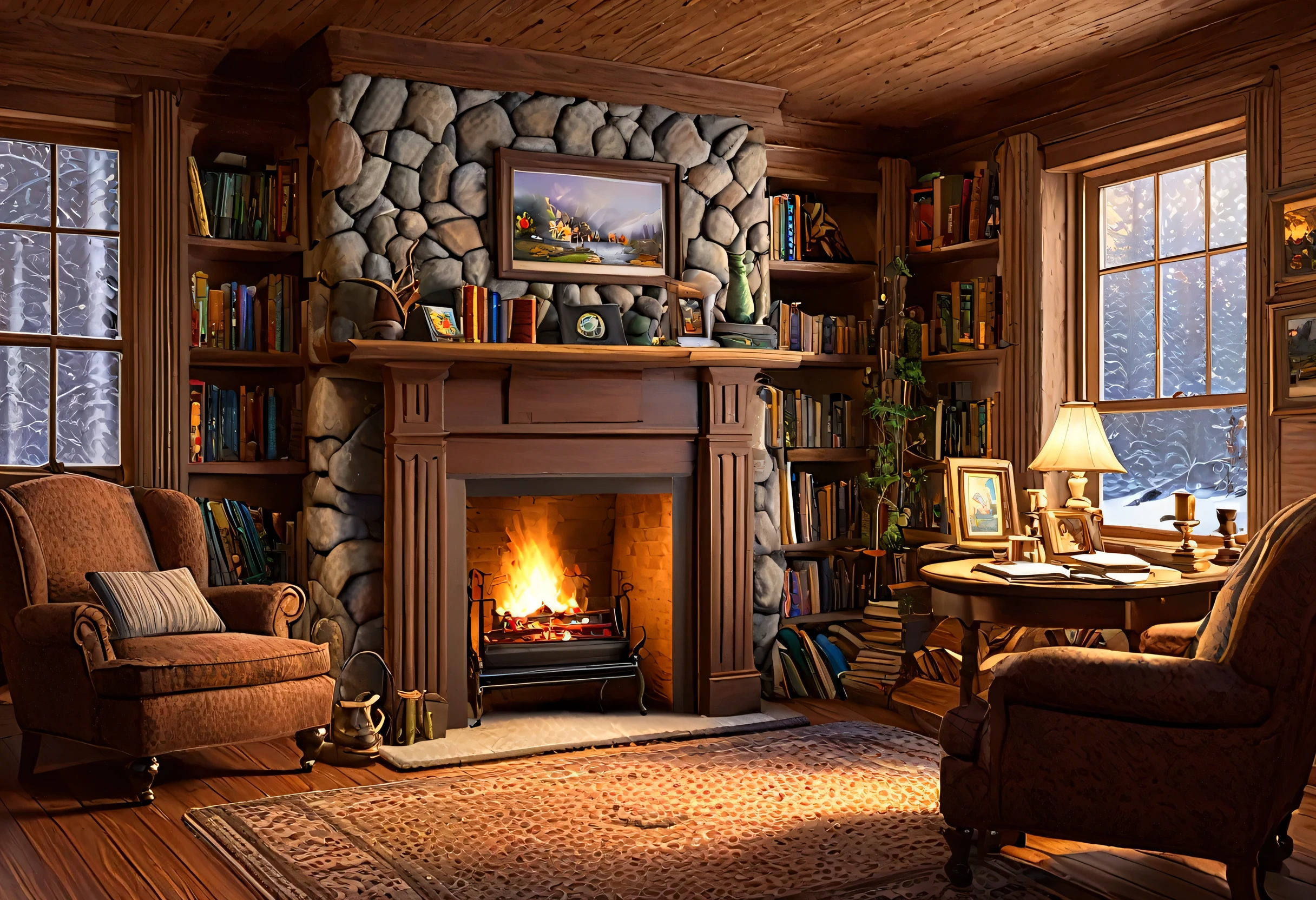 Image of a fifty-year-old man in a living room with a fireplace and books, Digital rendering inspired by Terry Redlin, CG Association Contest Winner, American Landscape Painting, Thomas Kinkade. Cute cozy room, A pleasant and enchanting scene, Cozy atmosphere, pleasant Cozy atmosphere, Cozy atmosphere, Thomas Kinkade. Forest Room, Cozy home background, Cozy place, beautiful and detailed scenes