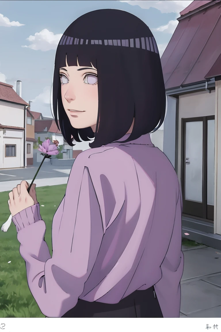 Meisterwerk, absurdres, Hinata\(Boruto\), 1girls, nur,reifes Weibchen, lila Kapuzenpullover,layered sleeves, braune Hose, al fresco,Lavendelblütenfeld, Blick auf den Betrachter, (falling petals), overcast sky, Perfekte Komposition, Detaillierte Lippen, large chest, Beautiful face, Body Propotion, flush, (rosa Lippen), Lange Haare, lila Augen, Sanfter Blick, sad smile, Super realistisch, Detailliert, Fotoshooting, Realistic face and body, Realistisches Haar, Realistische Augen, realistische Nase, Realistische Lippen, backwards, looking back