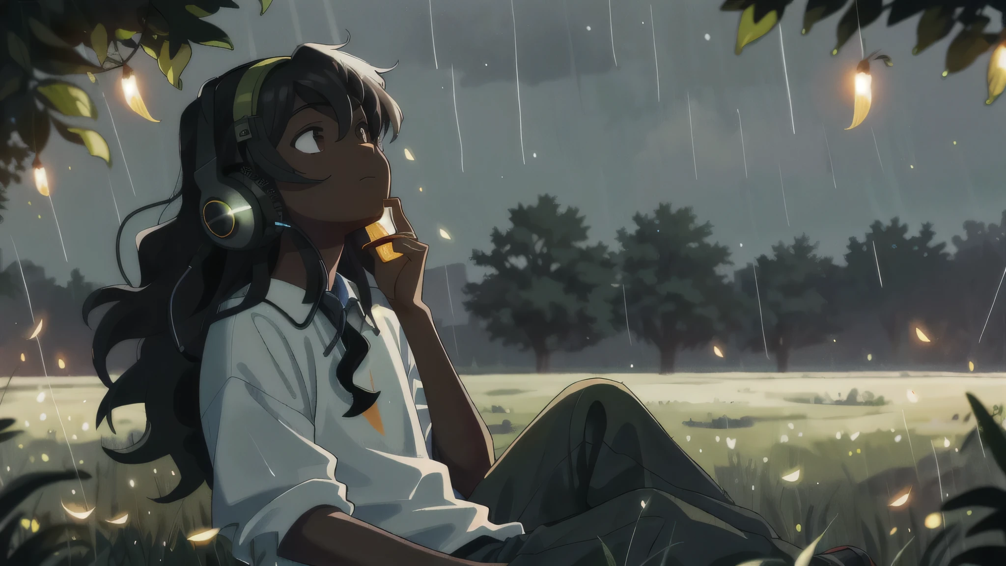 masterpiece, best quality, 1boy, outdoor, sitting, field, face, sleeping with mouth open, rain, fireflies, night, happy, dark skin, relaxing, with headphones on, long curly hair